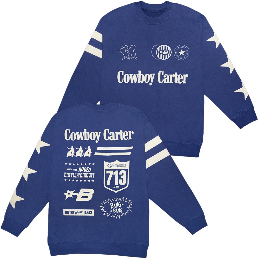 Blue Crew Neck Sweatshirt with Graphic Prints